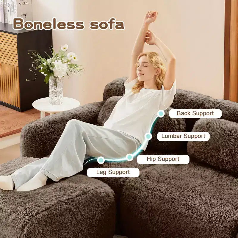 Canapés sectionnels sans accoudoirs en tissu peluche en forme de U, couleur Kaki Clair, 149 pouces, avec coussins décoratifs et 2 poufs (Connexion par boucles)