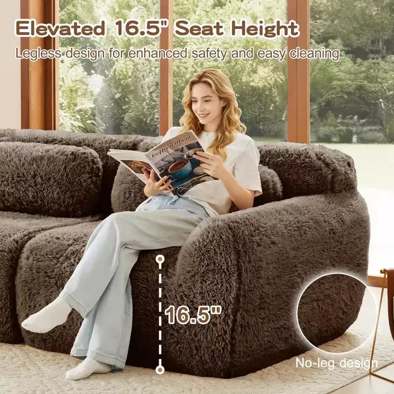 Canapés sectionnels sans accoudoirs en tissu peluche en forme de U, couleur Kaki Clair, 149 pouces, avec coussins décoratifs et 2 poufs (Connexion par boucles)