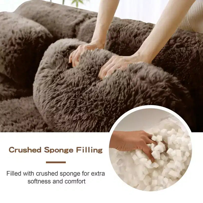 Canapés sectionnels sans accoudoirs en tissu peluche en forme de U, couleur Kaki Clair, 149 pouces, avec coussins décoratifs et 2 poufs (Connexion par boucles)