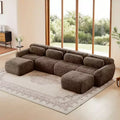 Canapés sectionnels sans accoudoirs en tissu peluche en forme de U, couleur Kaki Clair, 149 pouces, avec coussins décoratifs et 2 poufs (Connexion par boucles)