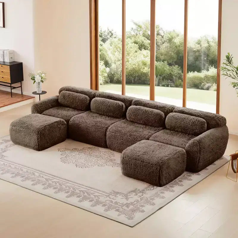 Canapés sectionnels sans accoudoirs en tissu peluche en forme de U, couleur Kaki Clair, 149 pouces, avec coussins décoratifs et 2 poufs (Connexion par boucles)