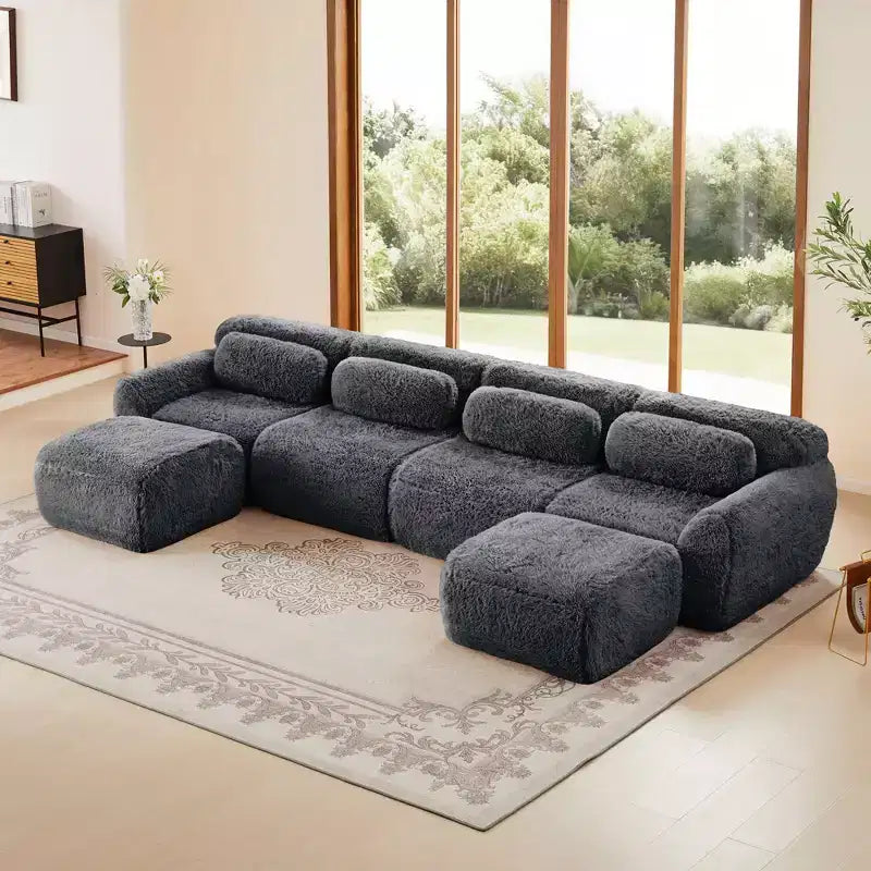Canapés sectionnels sans accoudoirs en tissu peluche en forme de U, couleur Kaki Clair, 149 pouces, avec coussins décoratifs et 2 poufs (Connexion par boucles)