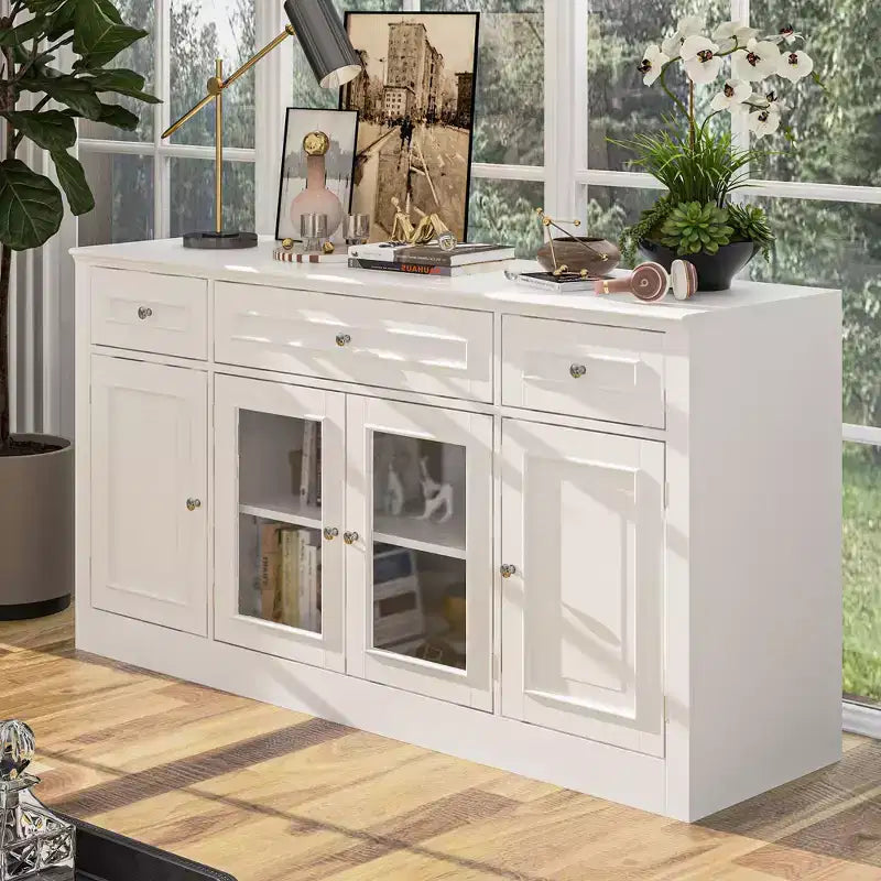 Famapy Modern TV Stand with Glass Doors 3-Drawer Media Console with Cable Management Versatile Storage Side Cabinet for Living Room