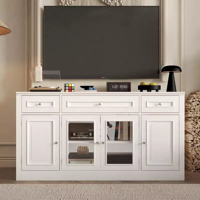 Meuble TV moderne avec portes vitrées et console multimédia à 3 tiroirs pour salon