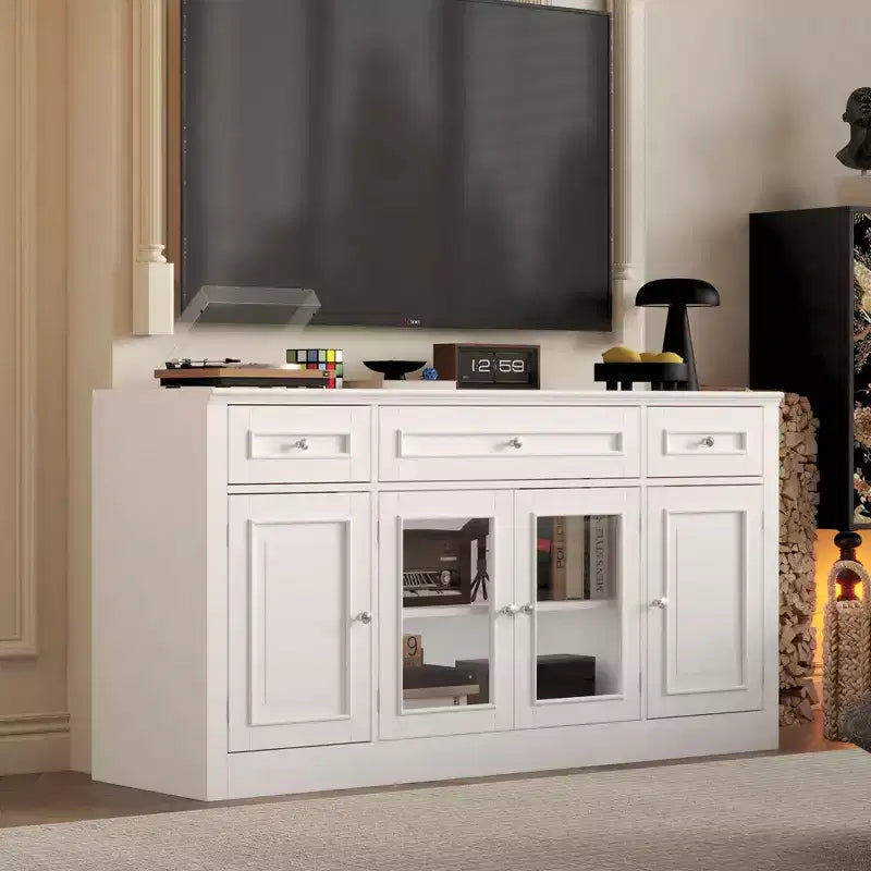 Meuble TV moderne avec portes vitrées et console multimédia à 3 tiroirs pour salon