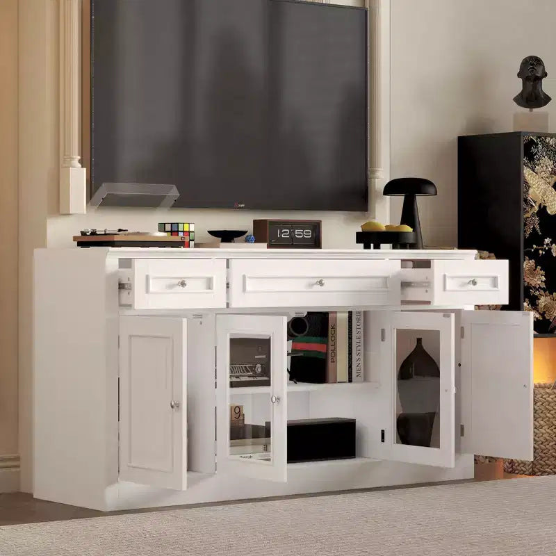 Meuble TV moderne avec portes vitrées et console multimédia à 3 tiroirs pour salon