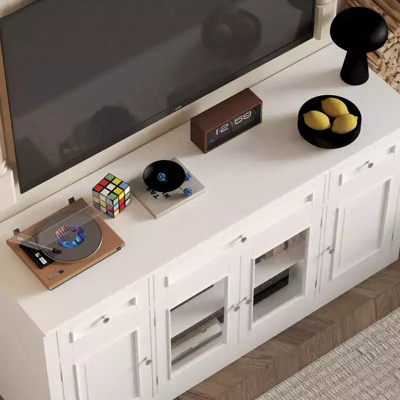 Meuble TV moderne avec portes vitrées et console multimédia à 3 tiroirs pour salon