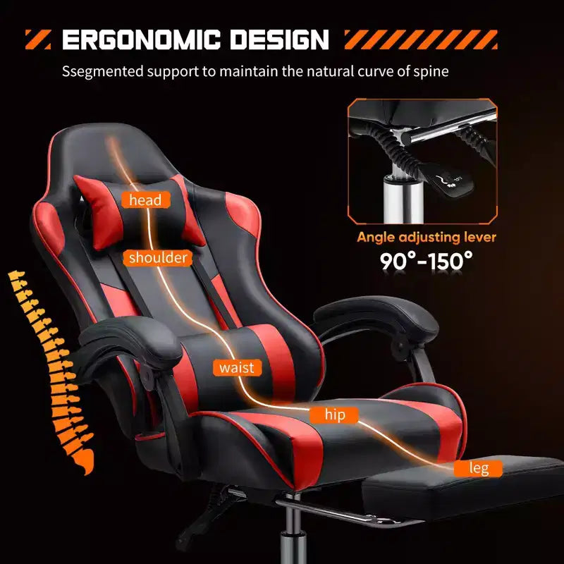 Chaise de bureau/gaming en cuir PU à roulettes, avec soutien lombaire et repose-pieds, accoudoirs fixes, motif entrecroisé