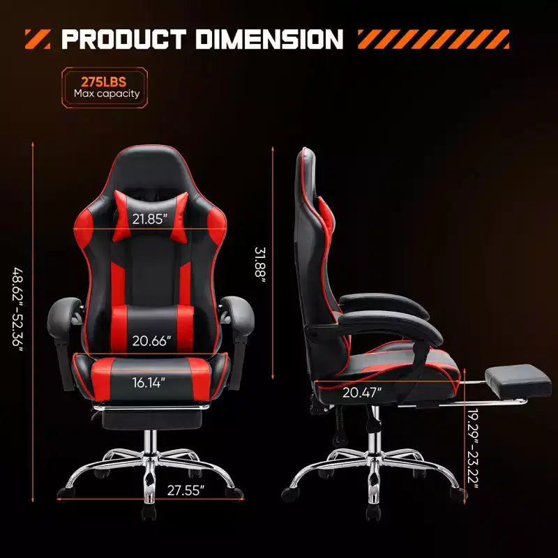 Chaise de bureau/gaming en cuir PU à roulettes, avec soutien lombaire et repose-pieds, accoudoirs fixes, motif entrecroisé