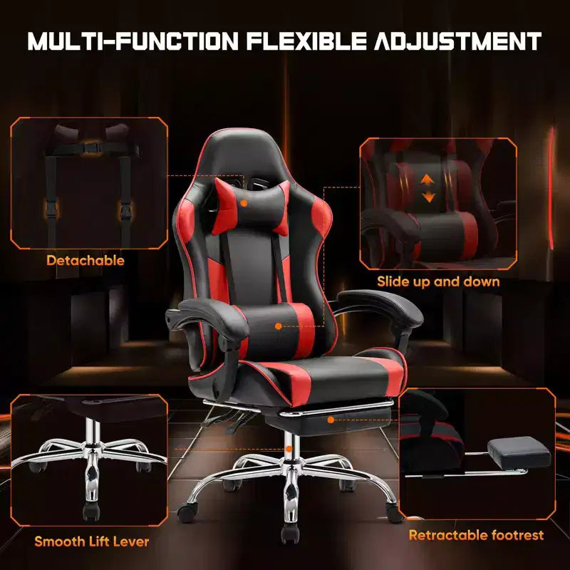 Chaise de bureau/gaming en cuir PU à roulettes, avec soutien lombaire et repose-pieds, accoudoirs fixes, motif entrecroisé