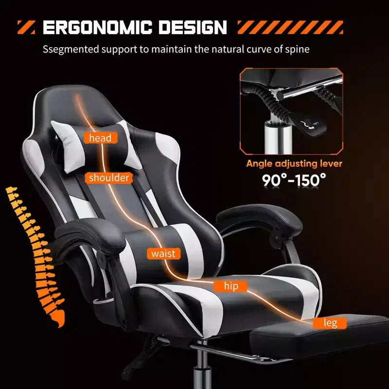 Chaise de bureau/gaming en cuir PU à roulettes, avec soutien lombaire et repose-pieds, accoudoirs fixes, motif entrecroisé