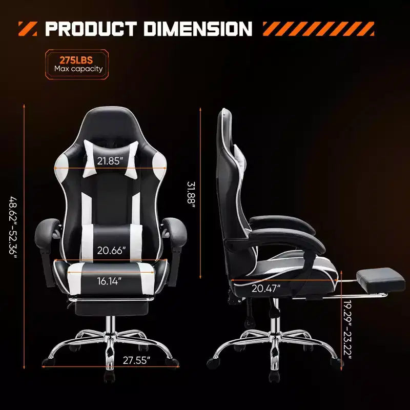 Chaise de bureau/gaming en cuir PU à roulettes, avec soutien lombaire et repose-pieds, accoudoirs fixes, motif entrecroisé