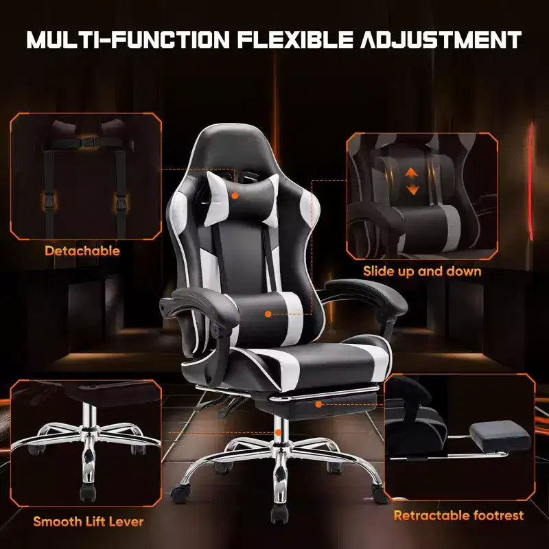 Chaise de bureau/gaming en cuir PU à roulettes, avec soutien lombaire et repose-pieds, accoudoirs fixes, motif entrecroisé