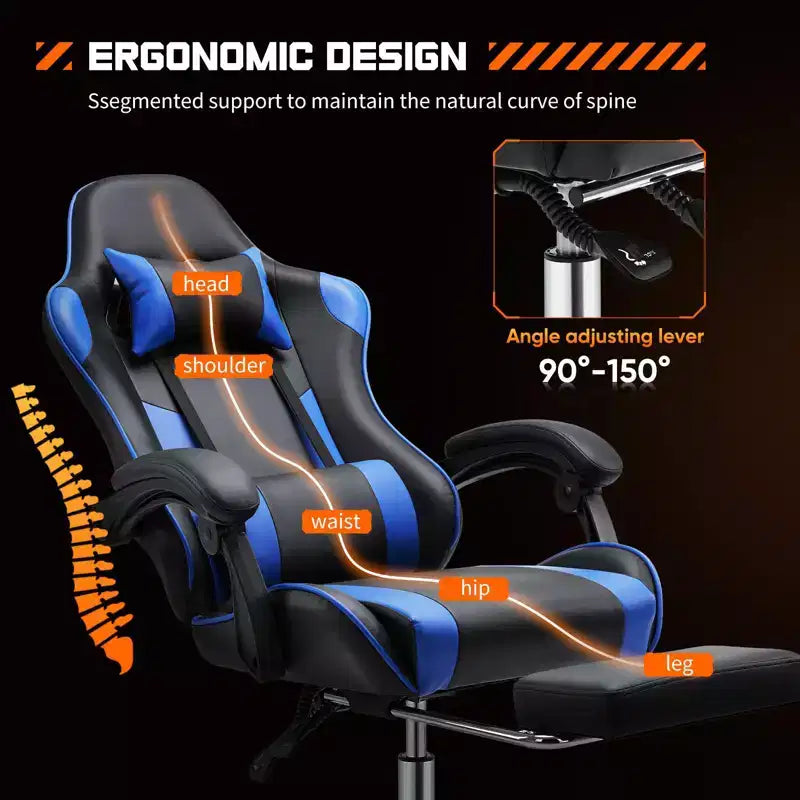 Chaise de bureau/gaming en cuir PU à roulettes, avec soutien lombaire et repose-pieds, accoudoirs fixes, motif entrecroisé