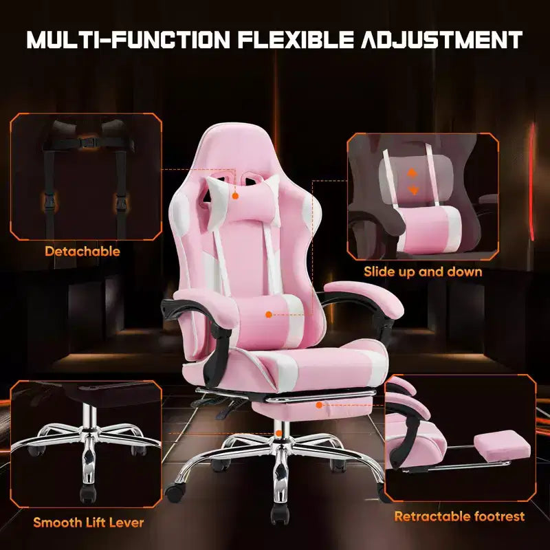 Chaise de bureau/gaming en cuir PU à roulettes, avec soutien lombaire et repose-pieds, accoudoirs fixes, motif entrecroisé