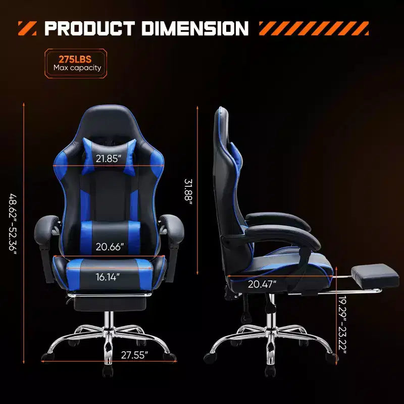 Chaise de bureau/gaming en cuir PU à roulettes, avec soutien lombaire et repose-pieds, accoudoirs fixes, motif entrecroisé
