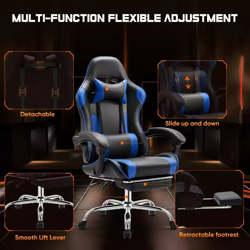 Chaise de bureau/gaming en cuir PU à roulettes, avec soutien lombaire et repose-pieds, accoudoirs fixes, motif entrecroisé