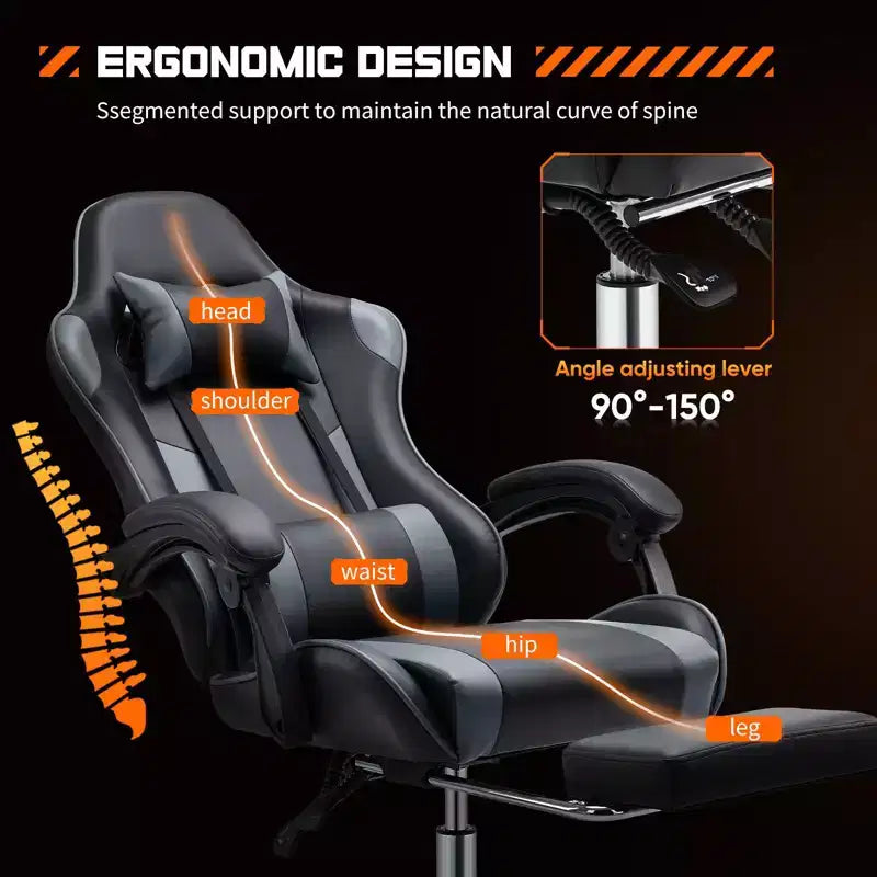 Chaise de bureau/gaming en cuir PU à roulettes, avec soutien lombaire et repose-pieds, accoudoirs fixes, motif entrecroisé