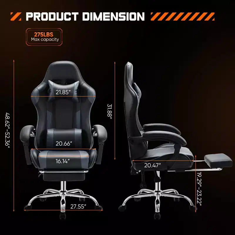 Chaise de bureau/gaming en cuir PU à roulettes, avec soutien lombaire et repose-pieds, accoudoirs fixes, motif entrecroisé