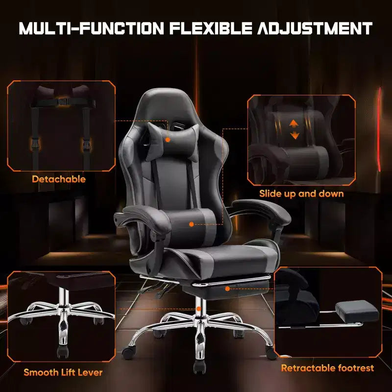 Chaise de bureau/gaming en cuir PU à roulettes, avec soutien lombaire et repose-pieds, accoudoirs fixes, motif entrecroisé