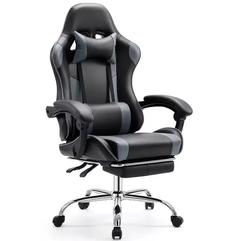 Chaise de bureau/gaming en cuir PU à roulettes, avec soutien lombaire et repose-pieds, accoudoirs fixes, motif entrecroisé