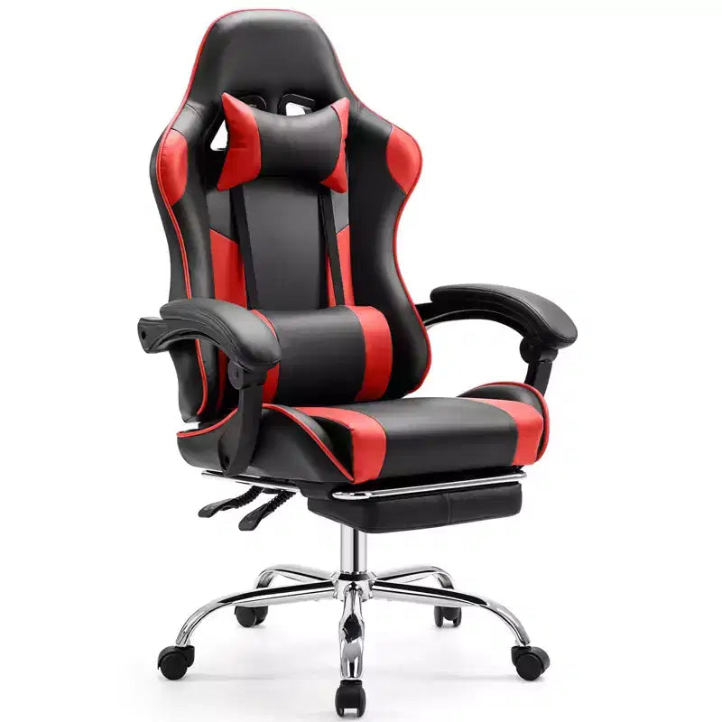 Chaise de bureau/gaming en cuir PU à roulettes, avec soutien lombaire et repose-pieds, accoudoirs fixes, motif entrecroisé