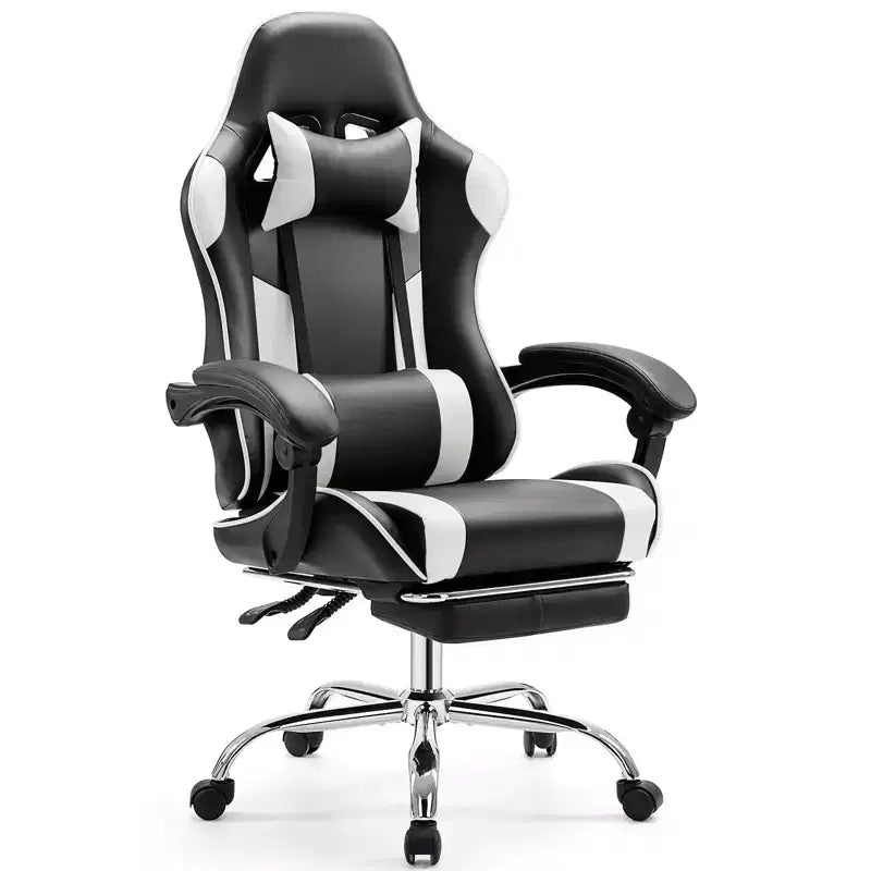 Chaise de bureau/gaming en cuir PU à roulettes, avec soutien lombaire et repose-pieds, accoudoirs fixes, motif entrecroisé