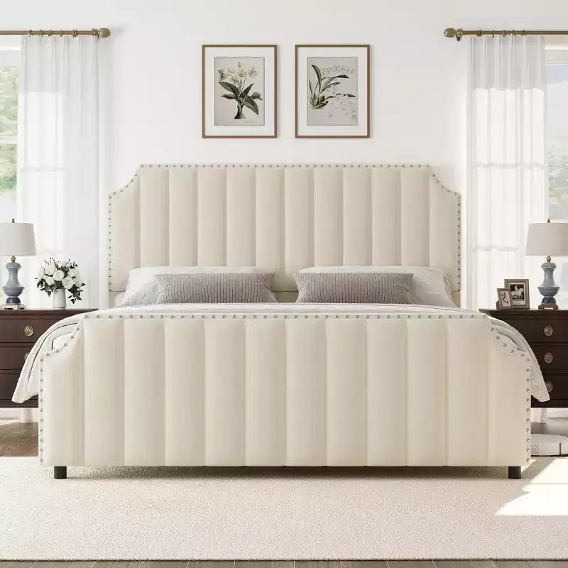 California King Velvet Bed Frame with 50.2 Vertical Channel Tufted Headboard & Footboard, Nailhead Trim, Upholstered Platform Bed