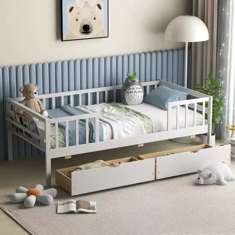 Lit Enfant Simple avec Tiroirs de Rangement et Étagère Latérale pour Enfants et Adolescents