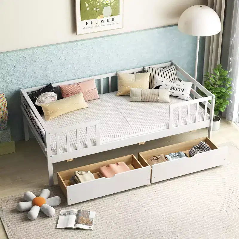 Lit Enfant Simple avec Tiroirs de Rangement et Étagère Latérale pour Enfants et Adolescents