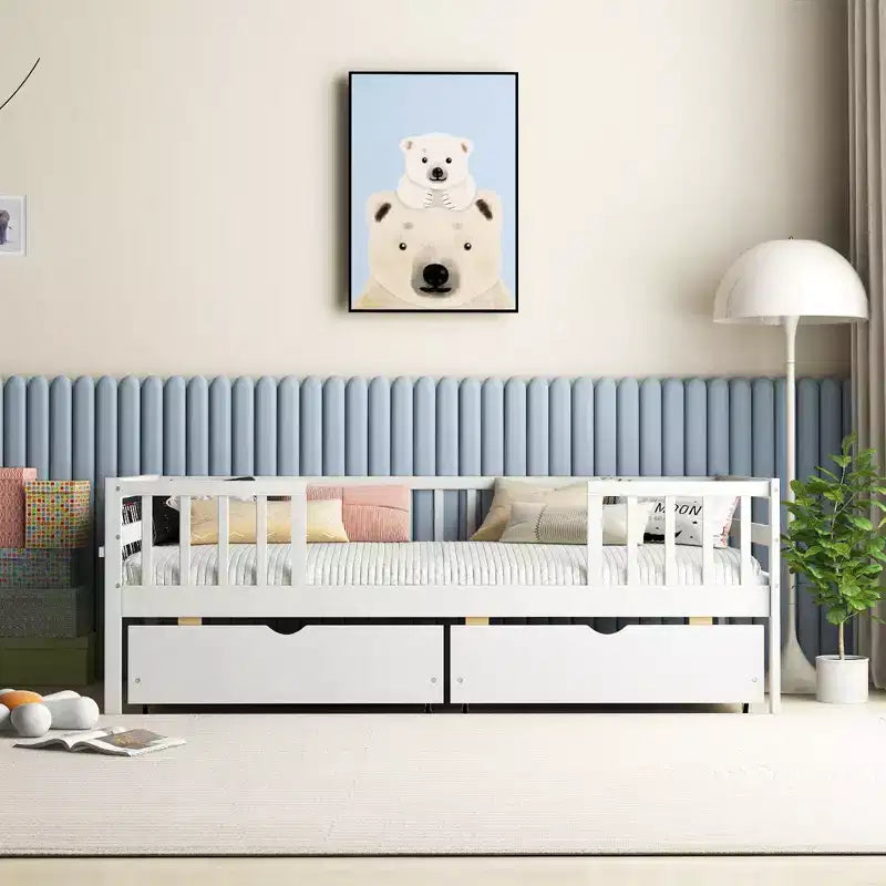 Lit Enfant Simple avec Tiroirs de Rangement et Étagère Latérale pour Enfants et Adolescents
