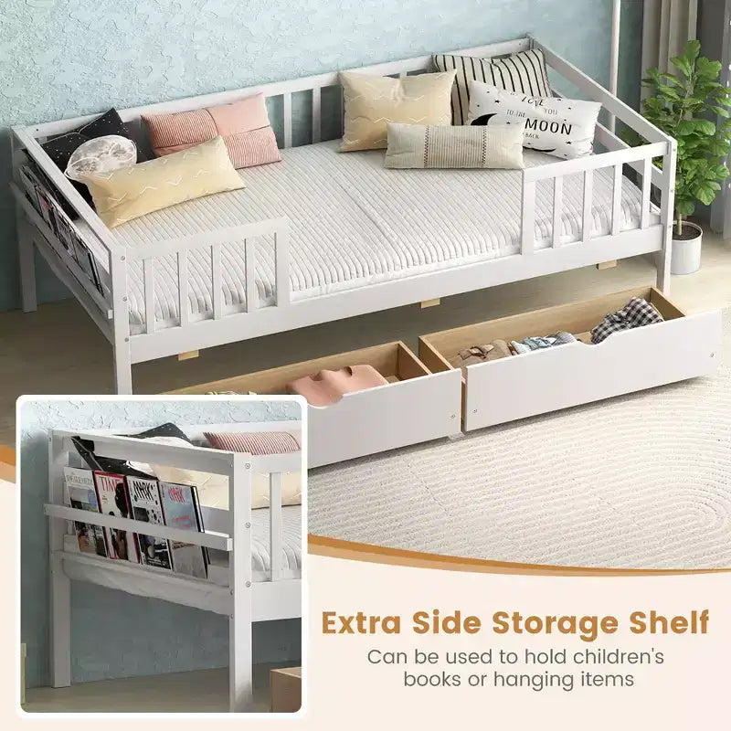 Lit Enfant Simple avec Tiroirs de Rangement et Étagère Latérale pour Enfants et Adolescents