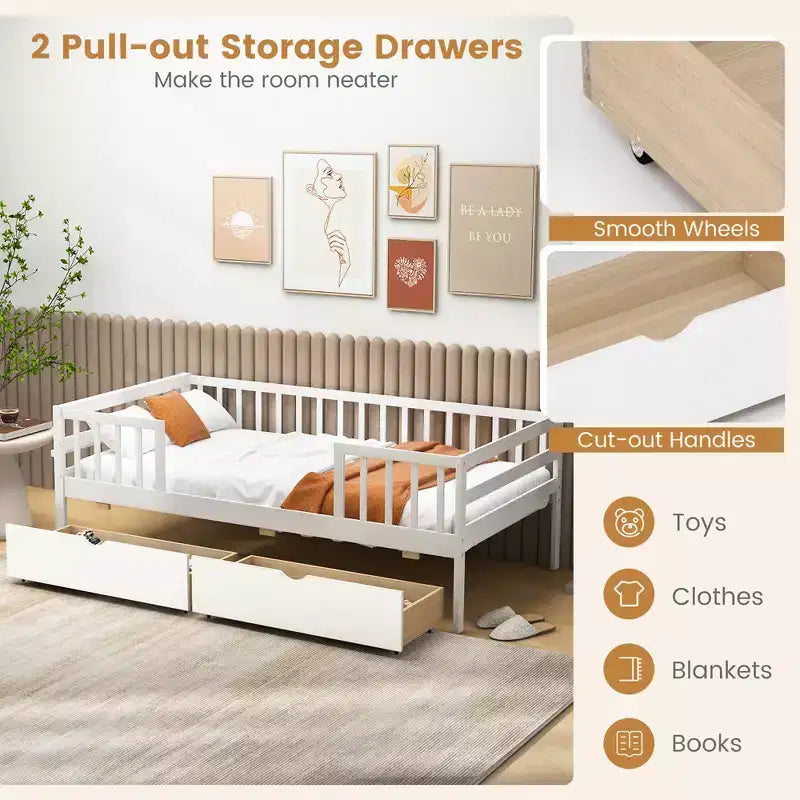 Lit Enfant Simple avec Tiroirs de Rangement et Étagère Latérale pour Enfants et Adolescents