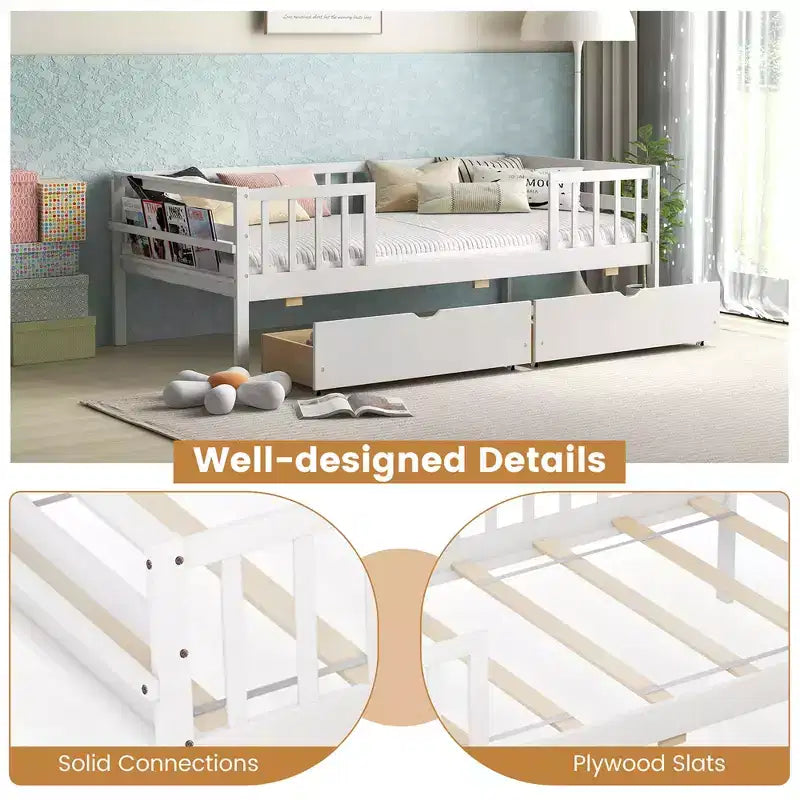 Lit Enfant Simple avec Tiroirs de Rangement et Étagère Latérale pour Enfants et Adolescents