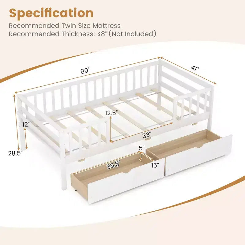 Lit Enfant Simple avec Tiroirs de Rangement et Étagère Latérale pour Enfants et Adolescents