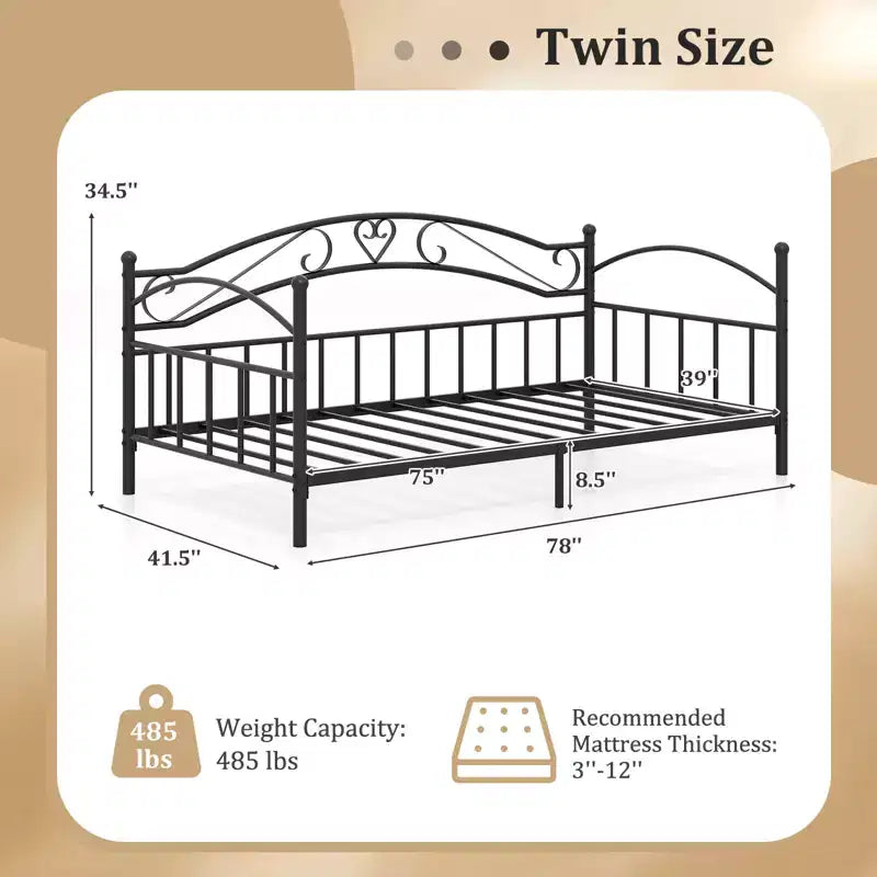 Structure de lit de repos métallique une place avec tête de lit et lattes métalliques ultra-résistantes