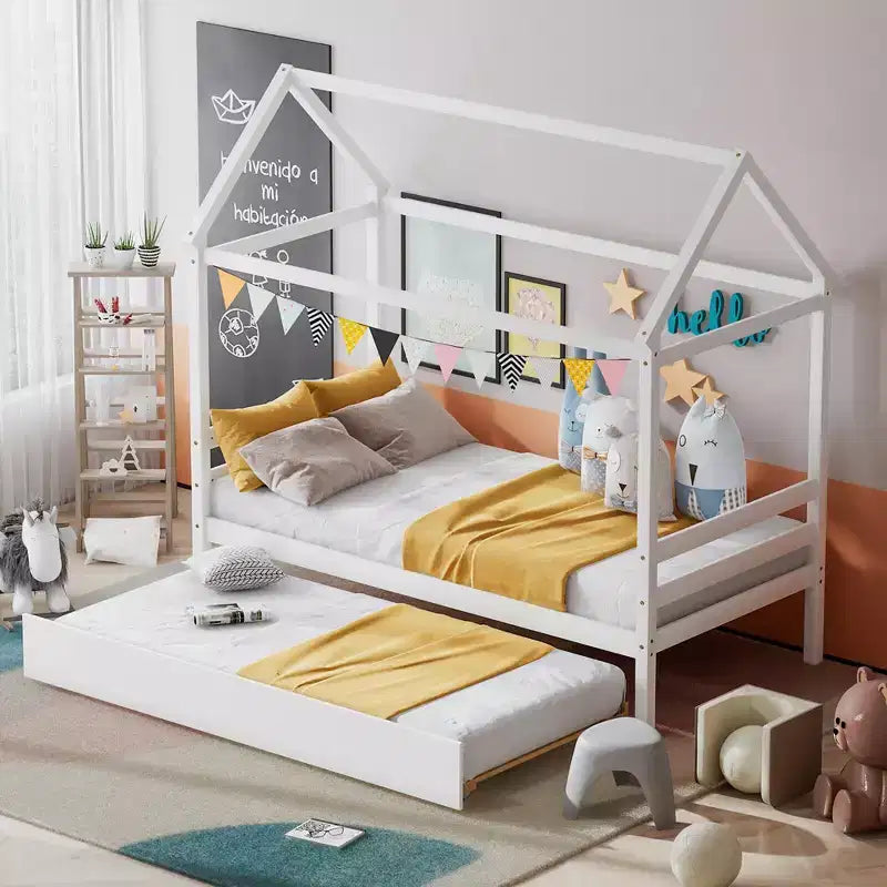 Cadre de lit double avec lit gigogne | Lit plateforme en bois pour enfants