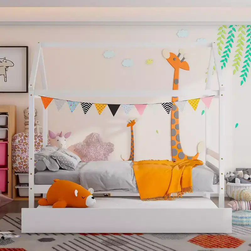 Cadre de lit double avec lit gigogne | Lit plateforme en bois pour enfants
