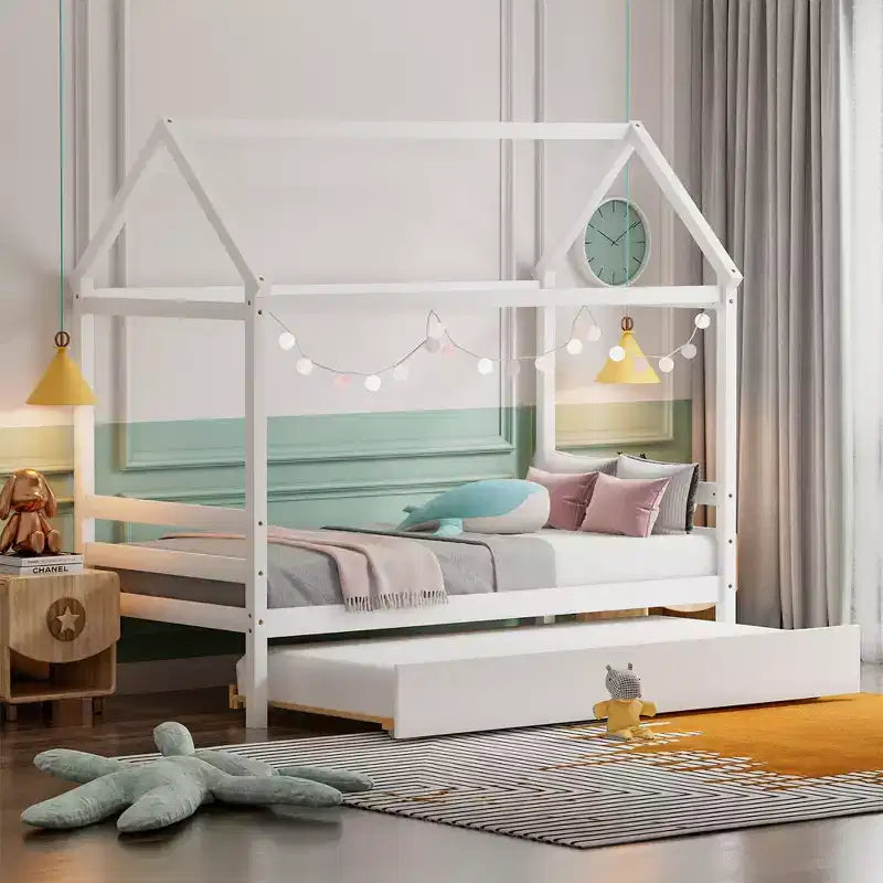 Cadre de lit double avec lit gigogne | Lit plateforme en bois pour enfants