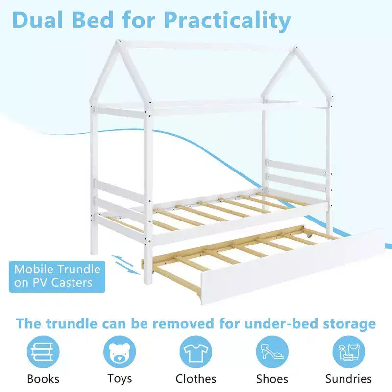 Cadre de lit double avec lit gigogne | Lit plateforme en bois pour enfants