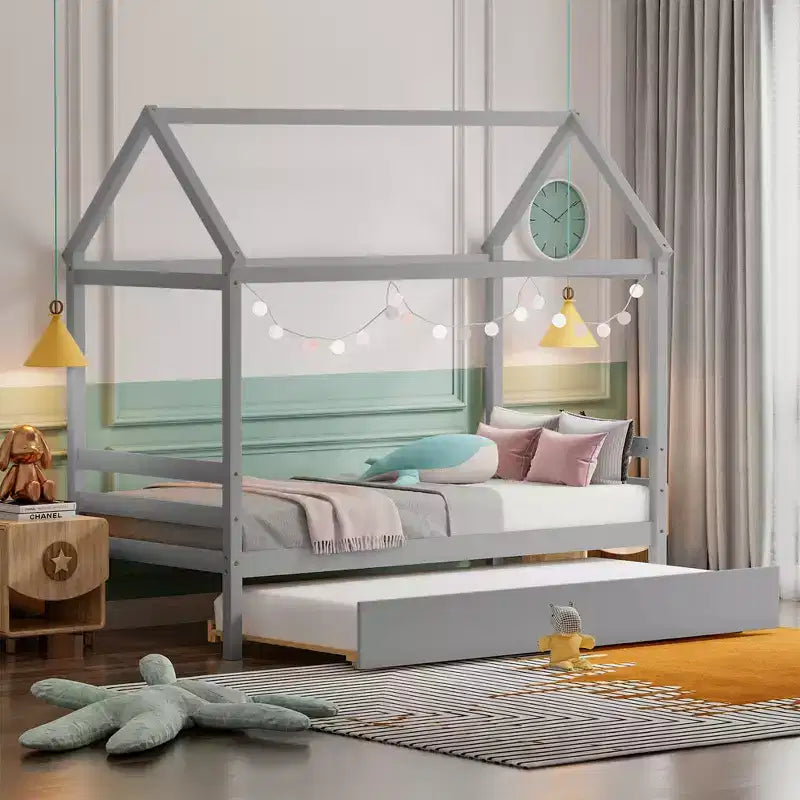 Cadre de lit double avec lit gigogne | Lit plateforme en bois pour enfants
