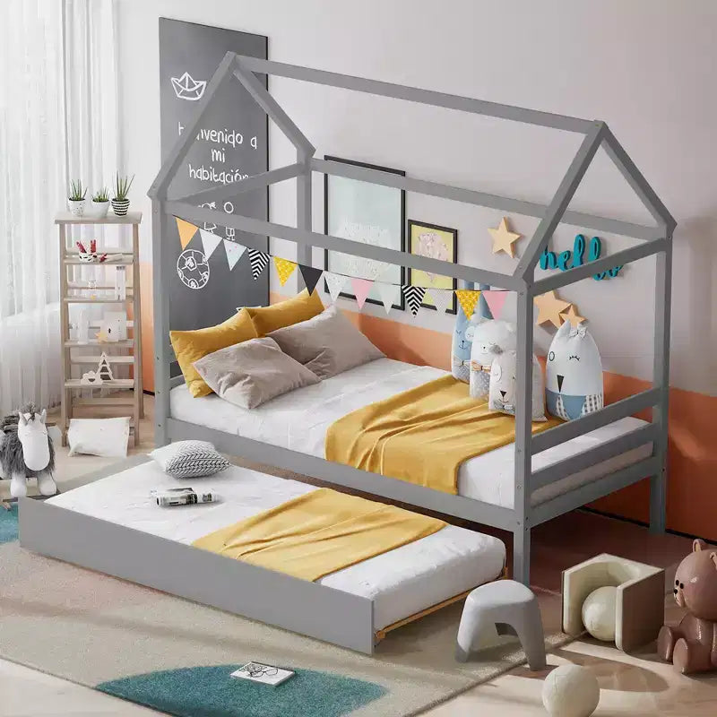 Cadre de lit double avec lit gigogne | Lit plateforme en bois pour enfants