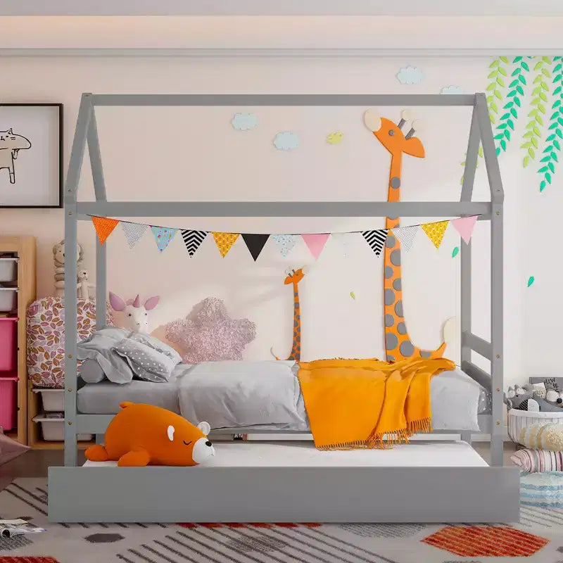 Cadre de lit double avec lit gigogne | Lit plateforme en bois pour enfants