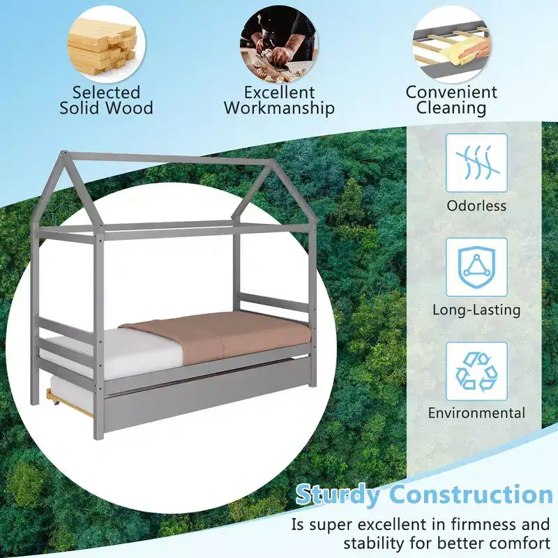 Cadre de lit double avec lit gigogne | Lit plateforme en bois pour enfants