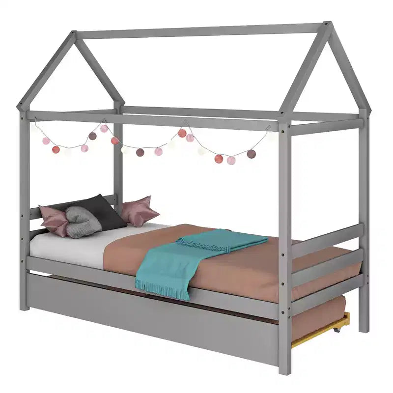 Cadre de lit double avec lit gigogne | Lit plateforme en bois pour enfants