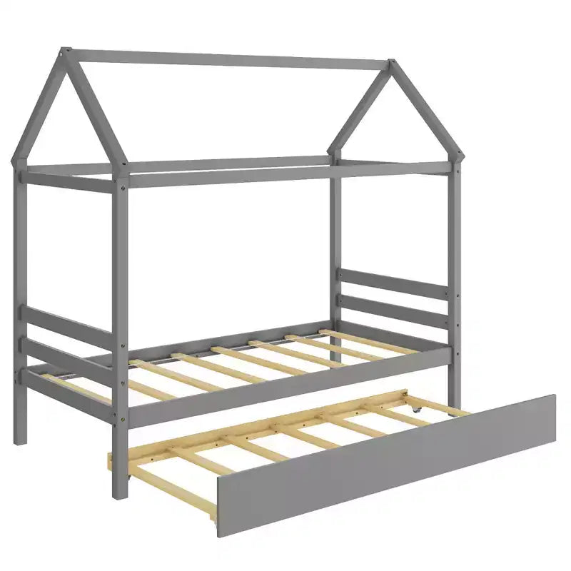 Costway Twin House Bed Frame w/ Trundle Roof Wooden Platform Mattress Foundation