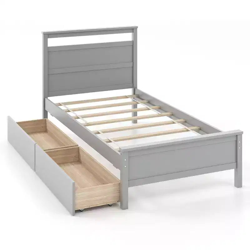 Costway Twin Size Platform Bed w/ Drawers 2 Pull-out Drawers Headboard & Footboard Gray