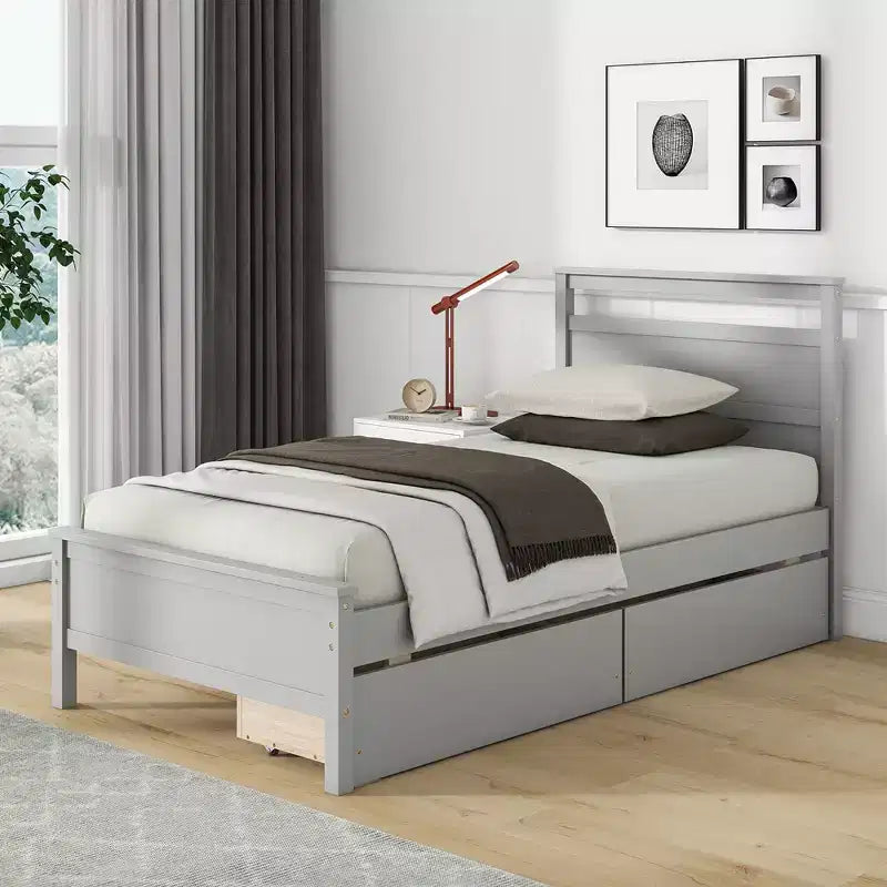 Lit plateforme double avec tiroirs, tête de lit et pied de lit, gris