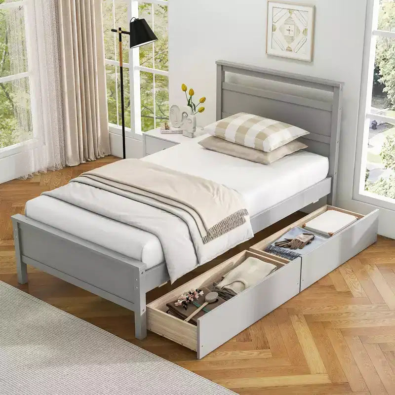 Lit plateforme double avec tiroirs, tête de lit et pied de lit, gris