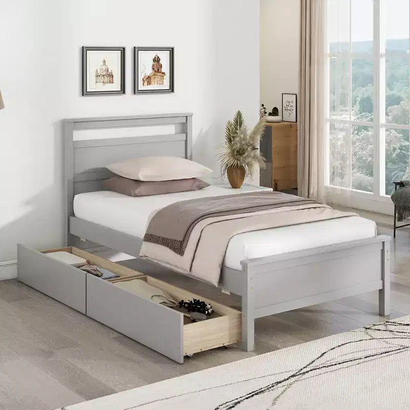 Lit plateforme double avec tiroirs, tête de lit et pied de lit, gris